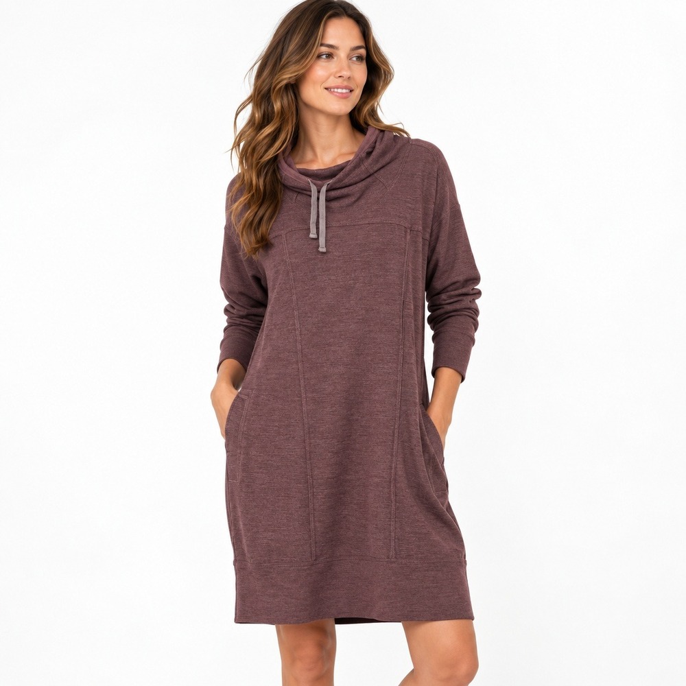 Toad & Co Intermosso Cowl Neck Hooded Dress M Maroon Pockets Stretch Athleisure
